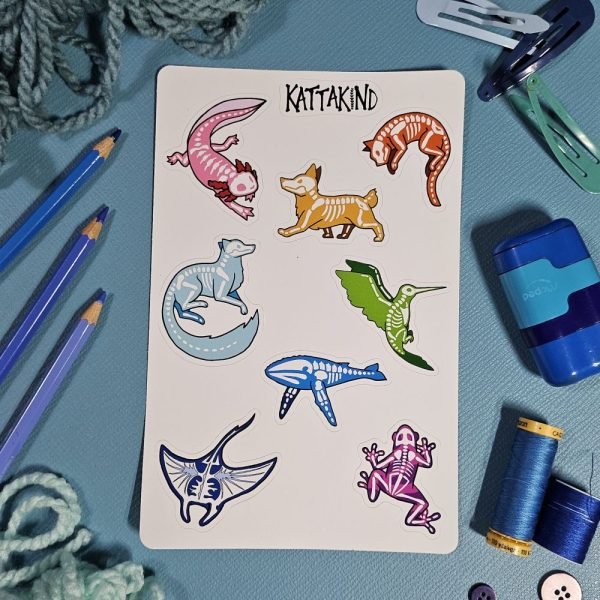 Waterproof Sticker Sheet: Rainbow Animal Skeletons